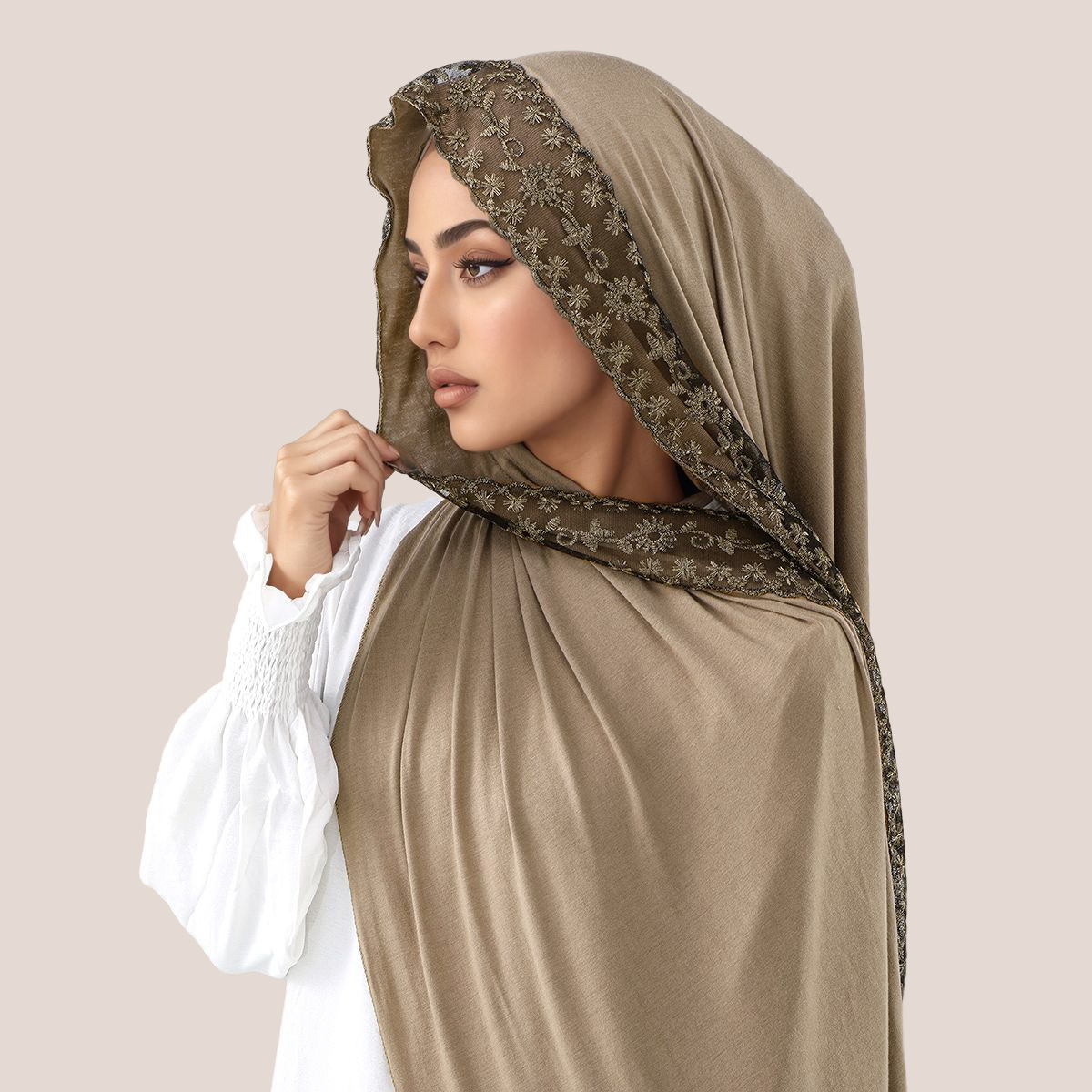 Embroidery Hijab - Dantel İşlemeli Pamuklu Jersey Müslüman Başörtüsü