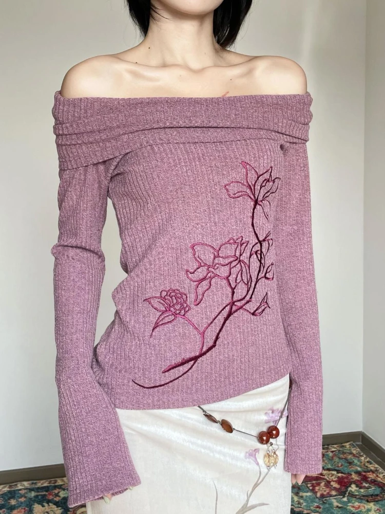 Embroidery Thread Yarn - Mor Çiçek İşlemeli Kadın Kazakları Omuzları