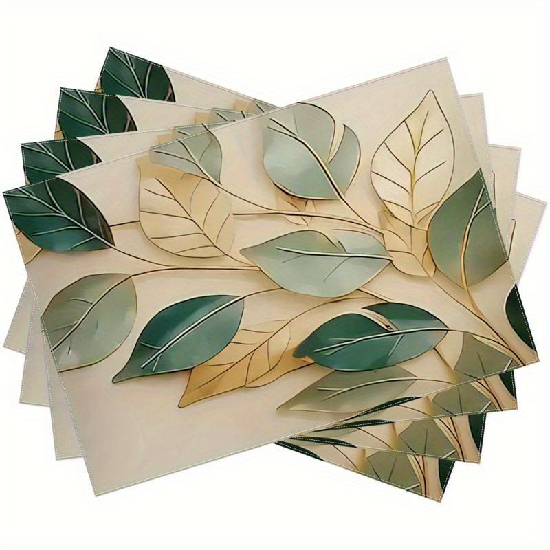 Linen Fabric Natural - Metalik Altın Yeşil Yaprak Desenli Dikdörtgen