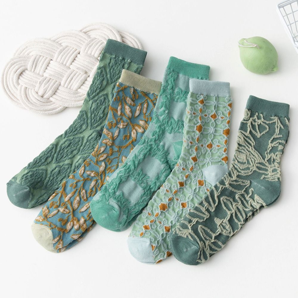 Embroidery On Socks - 5 Çift Vintage Japon Çiçek Desenli
