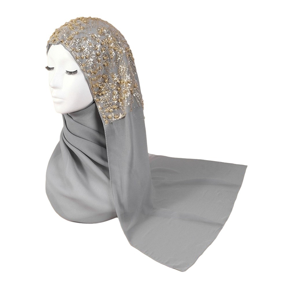 Embroidery Hijab - Moda İpek İnci Şifon Başörtüsü, Altın